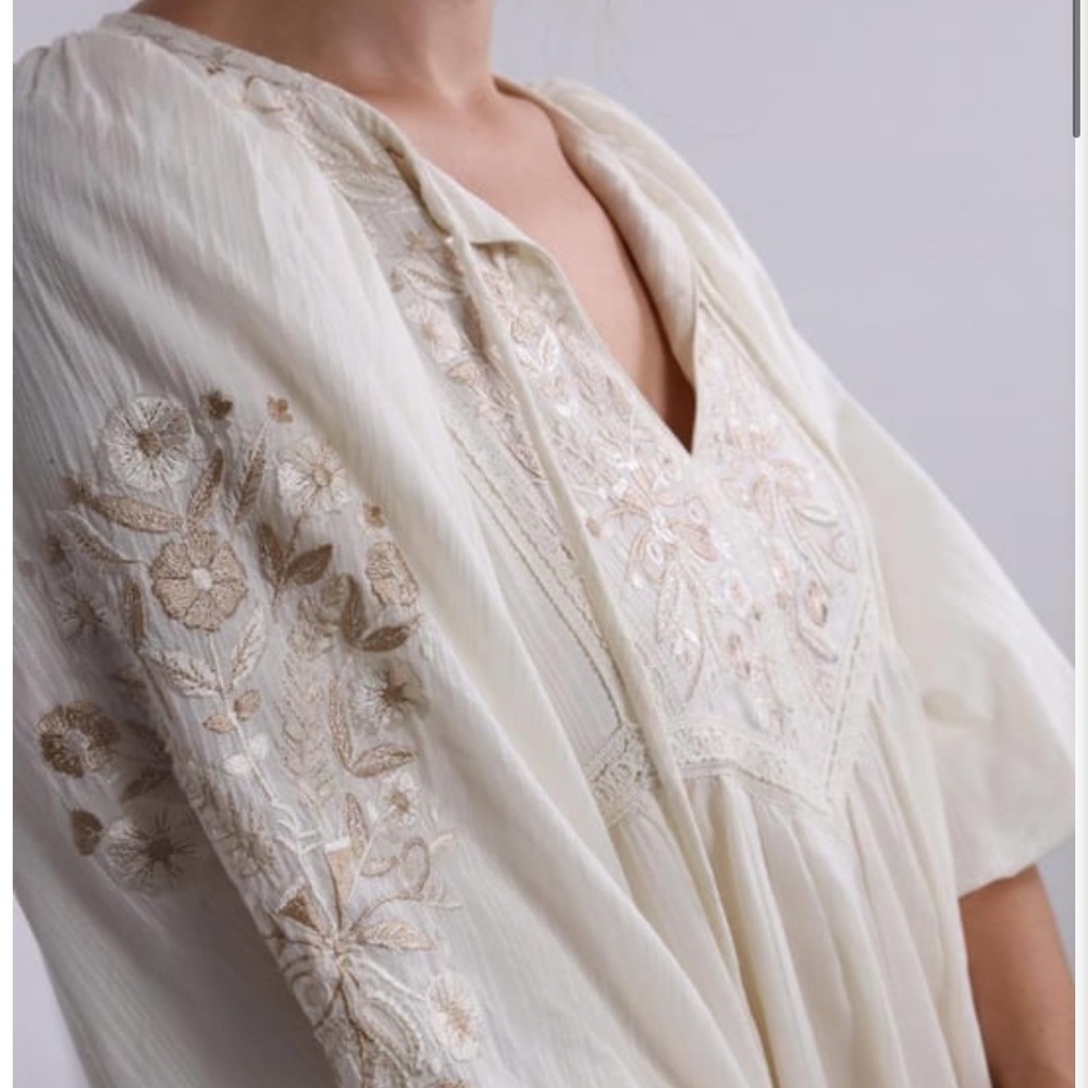 Anthropologie Cream and Brown Embroidered Bohemian balloon sleeve dress XS - Picture 17 of 17
